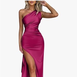 Amazon Pink Asymmetrical Ruched Gown for Wedding Guest